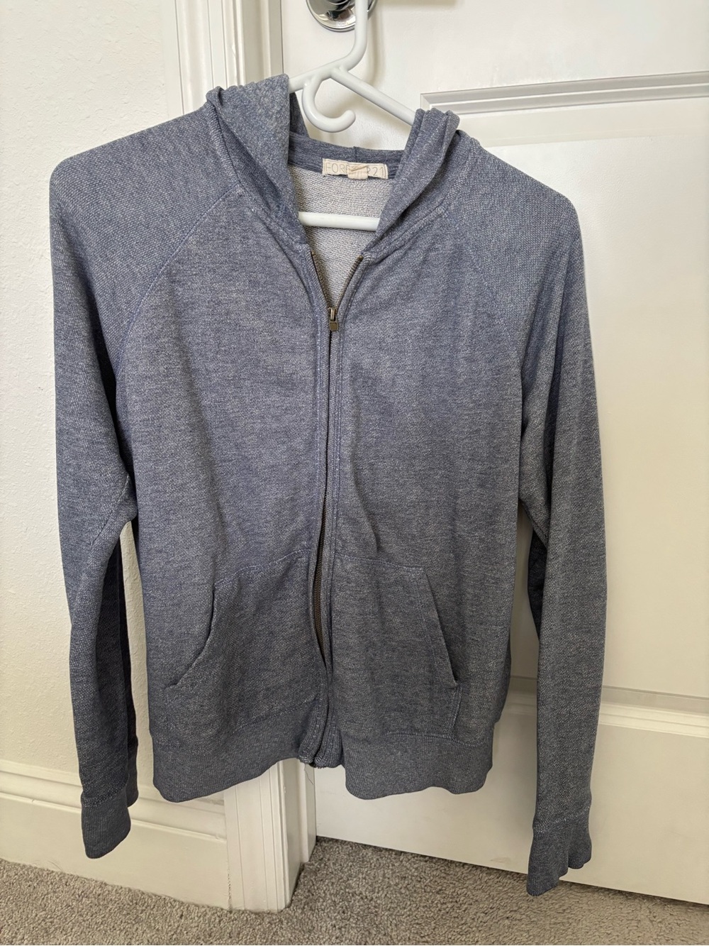 Forever 21, Heather Blue Zip Hoodie Sweatshirt, Women’s Large, Could fit Medium